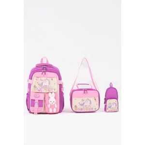 Unicorn Figürlü 3'lü Kız Çocuk Okul Çantası Seti - Kalemlik ve Termal Beslenmeli Ilkokul Çantası