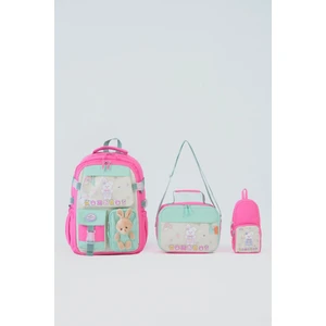 Tavşan Figürlü 3'lü Kız Çocuk Okul Çantası Seti - Kalemlik ve Termal Beslenmeli Ilkokul Çantası