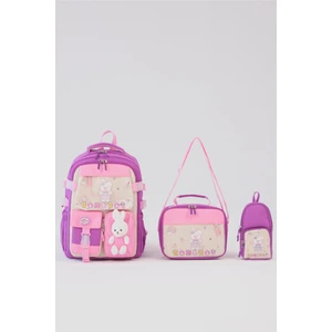 Tavşan Figürlü 3'lü Kız Çocuk Okul Çantası Seti - Kalemlik ve Termal Beslenmeli Ilkokul Çantası