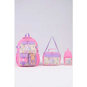 Sevimli Kedi Desenli 3'lü Kız Çocuk Okul Çantası Seti -Kalemlik ve Termal Beslenmeli Ilkokul Çantası