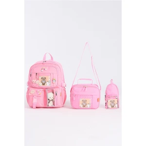 Kore Tarzı Aksesuarlı 3'lü Set Kız Çocuk Ilkokul Çantası Kalemlikli Beslenme Çantalı Sırt Çantası