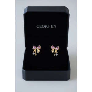 Zarif Pembe Taşlı Altın Renk Fiyonk Çelik Küpe