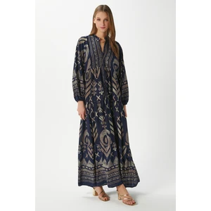 Modest Shine Lacivert Altın Sarısı Kadın %100 Viskon Maksi Boy Uzun Yazlık Elbise