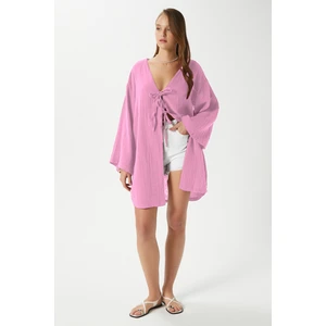 Kadın Sandra %100 Pamuk Müslin Bağcıklı Pembe Kimono