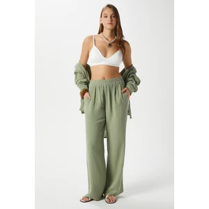 Kadın Maja %100 Pamuk Müslin Bel Lastikli Haki Pantolon