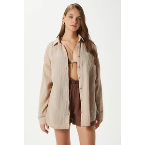 Kadın Tilda %100 Pamuk Müslin Oversize Bej Gömlek
