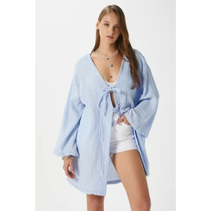 Kadın Sandra %100 Pamuk Müslin Bağcıklı Mavi Kimono