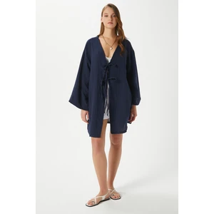 Kadın Sandra %100 Pamuk Müslin Bağcıklı Lacivert Kimono