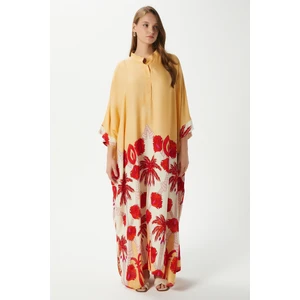 Modest Kadın Hawai %100 Viskon Maksi Boy Sarı Mercan Uzun Yazlık Elbise