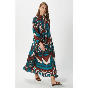 Modest Kadın Mira %100 Viskon Maksi Boy Hakiturkuaz Kahve Katlı Balon Kol Uzun Yazlık Elbise