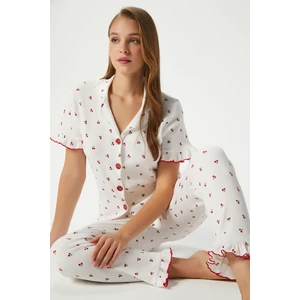 Kadın Enda Fırfırlı Kiraz Desen Alt Üst Pijama Takımı