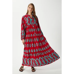 Modest Megan Kırmızı Turkuaz Kadın %100 Viskon Maksi Boy Katlı Balon Kol Uzun Yazlık Elbise