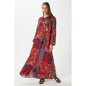 Modest Kadın Bohema %100 Viskon Turuncu Önden Düğmeli Uzun Elbise