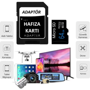 64 GB 100mb/s Class 10 4K Video Kayıt Destekli Hızlı Micro SD Hafıza Kartı + Adaptör Telefon Kamera