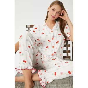 Kadın Enda Fırfırlı Kurdela Desen Alt Üst Pijama Takımı