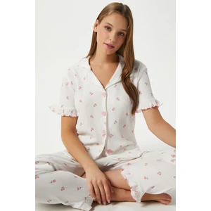 Kadın Enda Fırfırlı Çiçek Desen Alt Üst Pijama Takımı