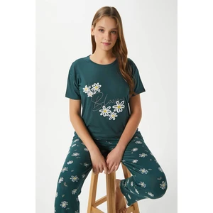 Kadın Bloom Yumuşak Doku Yeşil Çiçek Işlemeli Bisiklet Yaka Kısa Kollu Alt Üst Pijama Takımı