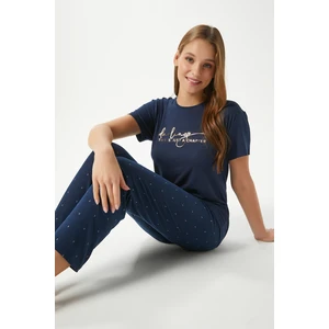 Kadın Darling Yumuşak Doku Lacivert Bisiklet Yaka Kısa Kollu Alt Üst Pijama Takımı