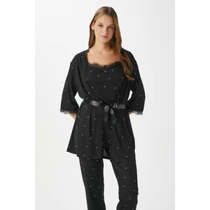Kadın Betty Siyah Puantiyeli 3'lü Paket Sabahlıklı Ip Askılı Dantelli Fitilli Örme Pijama Takımı