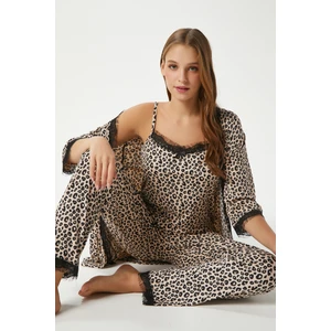Kadın Betty Leopar 3'lü Paket Sabahlıklı Ip Askılı Dantelli Fitilli Örme Pijama Takımı