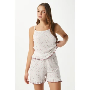 Kadın Paula Pudra Minik Çiçekli Fırfır Şortlu Pijama Takımı