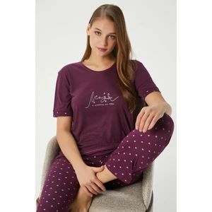 Kadın Magic Viskon Bisiklet Yaka Kısa Kol Mürdüm Alt Üst Pijama Takımı