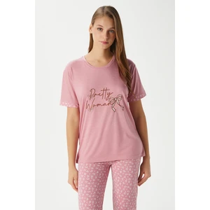 Kadın Pretty Woman Viskon Bisiklet Yaka Kısa Kol Pembe Alt Üst Pijama Takımı