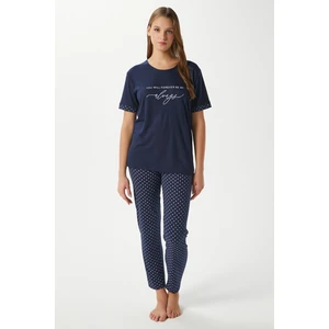 Kadın Always Viskon Bisiklet Yaka Kısa Kol Lacivert Alt Üst Pijama Takımı