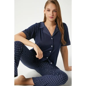 Kadın Jolie Viskon Puantiyeli Ön Düğmeli Kısa Kol Lacivert Alt Üst Pijama Takımı