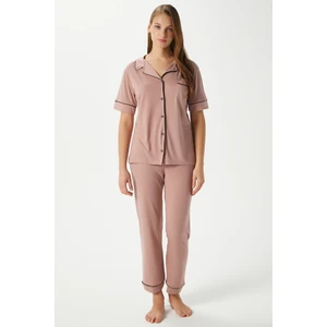 Kadın Vanessa Viskon Ön Düğmeli Kısa Kol Biyeli Pudra Alt Üst Pijama Takımı