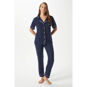 Kadın Vanessa Viskon Ön Düğmeli Kısa Kol Biyeli Lacivert Alt Üst Pijama Takımı