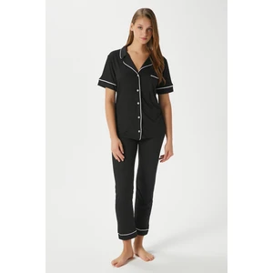 Kadın Vanessa Viskon Ön Düğmeli Kısa Kol Biyeli Siyah Alt Üst Pijama Takımı