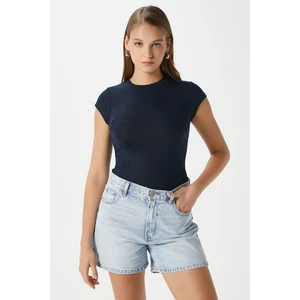 Kadın Inner Lux Touch Yumuşak Doku Bisiklet Yaka Kısa Kol Lacivert Bluz