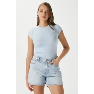 Kadın Inner Lux Touch Yumuşak Doku Bisiklet Yaka Kısa Kol Mavi Bluz