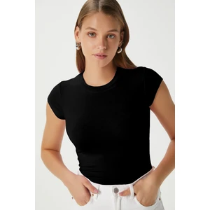 Kadın Inner Lux Touch Yumuşak Doku Bisiklet Yaka Kısa Kol Siyah Bluz
