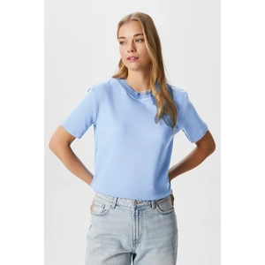 Kadın Rise Dekoratif Yaka Tok Doku %100 Pamuk Açık Mavi T-Shirt