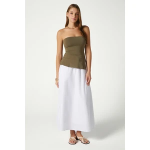 Kadın Seaside Beyaz Astarlı Bel Lastikli Cepli Dokuma Uzun Etek