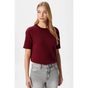 Kadın Rise Dekoratif Yaka Tok Doku %100 Pamuk Bordo T-Shirt