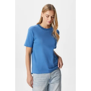 Kadın Rise Dekoratif Yaka Tok Doku %100 Pamuk Mavi T-Shirt
