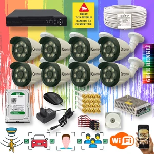 Qromax 8 Kameralı Set - Yapay Zeka Özellikli Gece Renkli Gösteren 8 Warm Ledli TurboHD Güvenlik Kamerası Seti 3908W-108