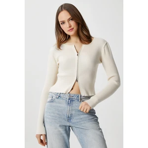 Kadın Verna Viscose Fermuarlı Saran Krem Triko Hırka