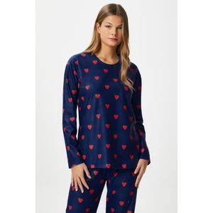 Kadın Ely Premium Bisiklet Yaka Lacivert Kalp Süet Doku Yılbaşı Pijama Takımı