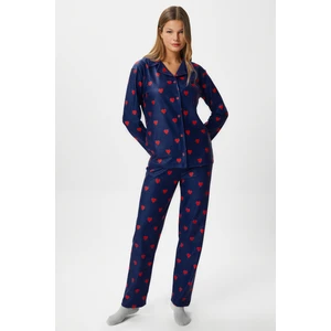 Kadın Nora Premium Lacivert Kalp Desen Süet Doku Düğmeli Yılbaşı Pijama Takımı