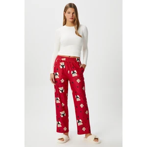 Kadın Teddi Ultra Yumuşak Cepli Kırmızı Ayıcık Desen Yılbaşı Pijama Altı