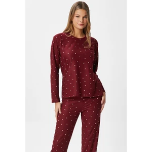 Kadın Ely Premium Bisiklet Yaka Bordo Kalp Süet Doku Yılbaşı Pijama Takımı