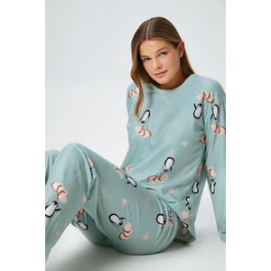 Kadın Ely Premium Bisiklet Yaka Mint Penguen Süet Doku Yılbaşı Pijama Takımı
