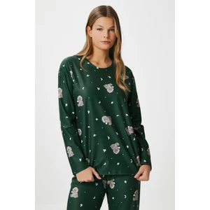 Kadın Ely Premium Bisiklet Yaka Yeşil Ayıcık Süet Doku Yılbaşı Pijama Takımı