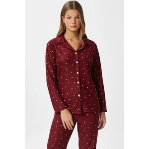Kadın Nora Premium Bordo Kalp Süet Doku Düğmeli Yılbaşı Pijama Takımı