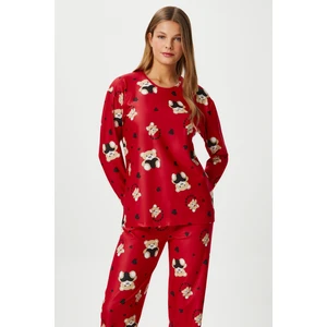 Kadın Ely Premium Bisiklet Yaka Kırmızı Ayıcık Süet Doku Yılbaşı Pijama Takımı