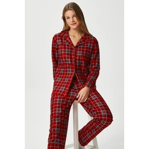 Kadın Nora Premium Kırmızı Ekose Süet Doku Düğmeli Yılbaşı Pijama Takımı